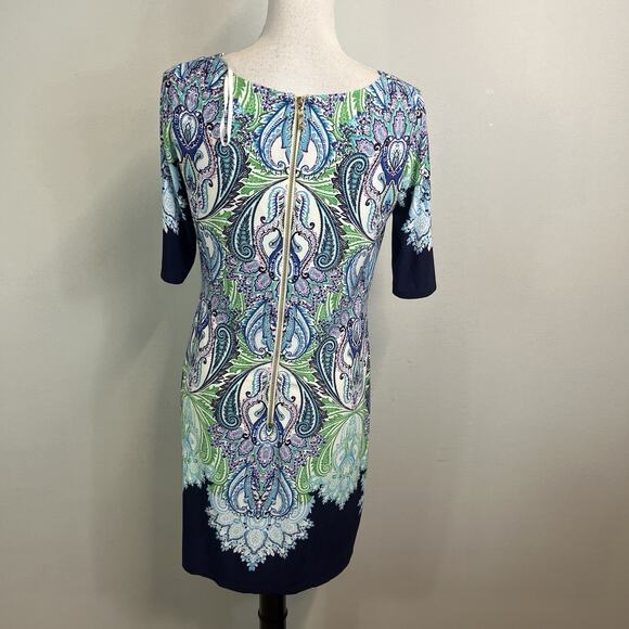 Eliza J Dress size 6 Blue Green White Paisley Straight Stretch Modest Career - Picture 10 of 11